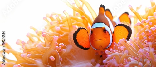 Bright Orange Clownfish Swimming Amidst Anemone, Isolated Against A Crisp White Backdrop