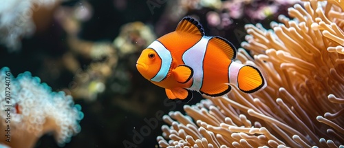 Bright Orange And White Striped Ocellaris Clownfish Swimming Amidst Coral Reef. Сoncept Marine Life, Clownfish, Coral Reef, Underwater Photography photo