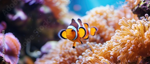 Closeup Of Vibrant Clownfish Swimming In A Coral Reef Ecosystem. Сoncept Underwater Macro Photography, Marine Biodiversity, Coral Reef Ecosystem, Clownfish Behavior © Ян Заболотний
