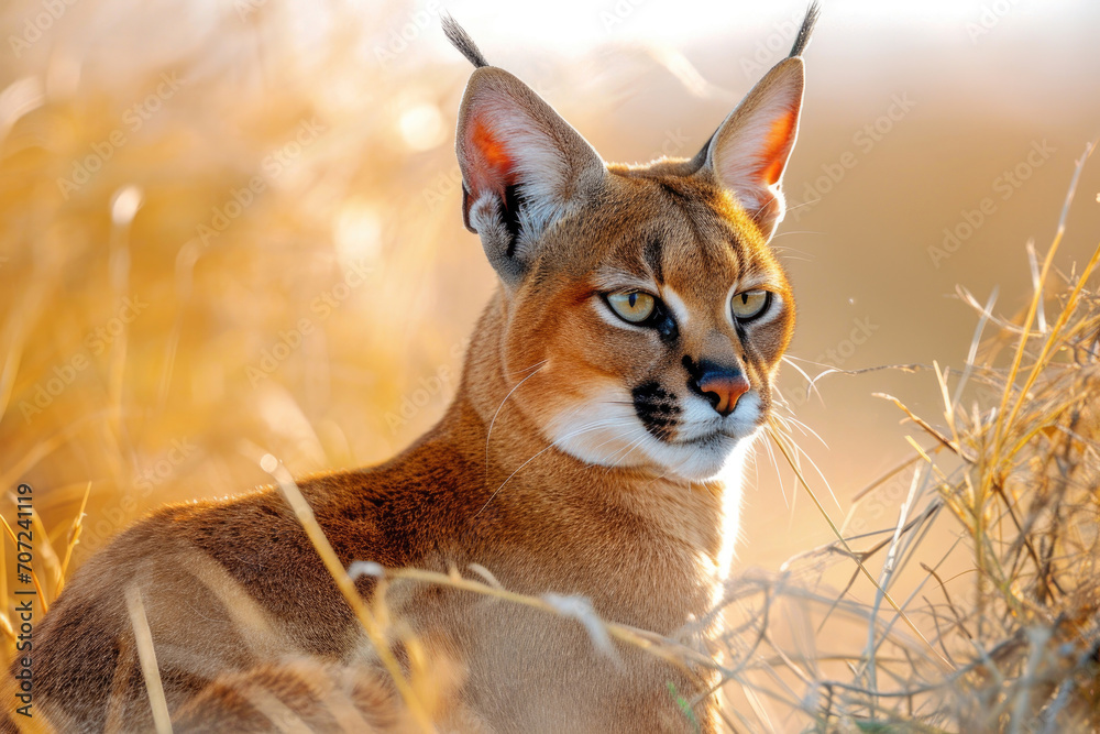 The Caracal is captured against a backdrop of its natural habitat