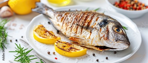 Deliciously Grilled Dorado Fish Served With Zesty Lemon On A Kitchen Table. Сoncept Grilled Seafood, Fresh Catch, Lemon Zest, Kitchen Table Dining, Dorado Delight