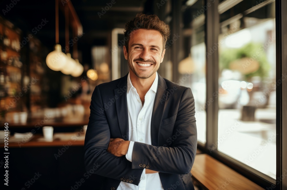 Visionary Male entrepreneur smiles. Handsome work. Generate Ai Visionary Male entrepreneur smiles. Handsome work. Generate Ai
