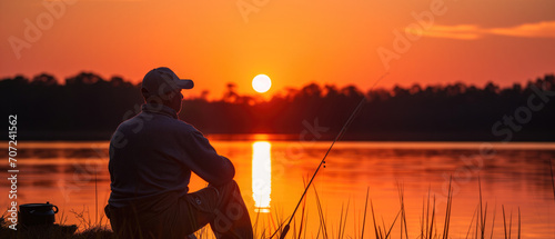 Man Peacefully Indulges In Fishing As The Sun Sets Over The Lake. Сoncept Sunset Fishing, Tranquil Lake, Solitude, Nature's Beauty, Fishing Hobby