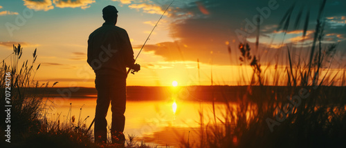 Obraz na płótnie Man Peacefully Fishing As The Sun Sets, Basking In His Hobby
