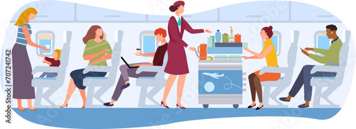 Diverse passengers on airplane with flight attendant serving drinks. Air travel comfort modern cabin vector illustration. Busy flight attendant and relaxed travelers.
