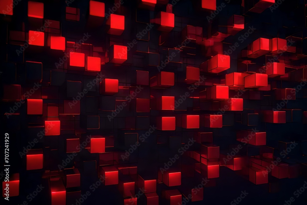 Abstract futuristic background featuring a composition of black mini cubes illuminated by red lighting. Abstract futuristic background featuring a composition of black mini cubes illuminated by red lighting.