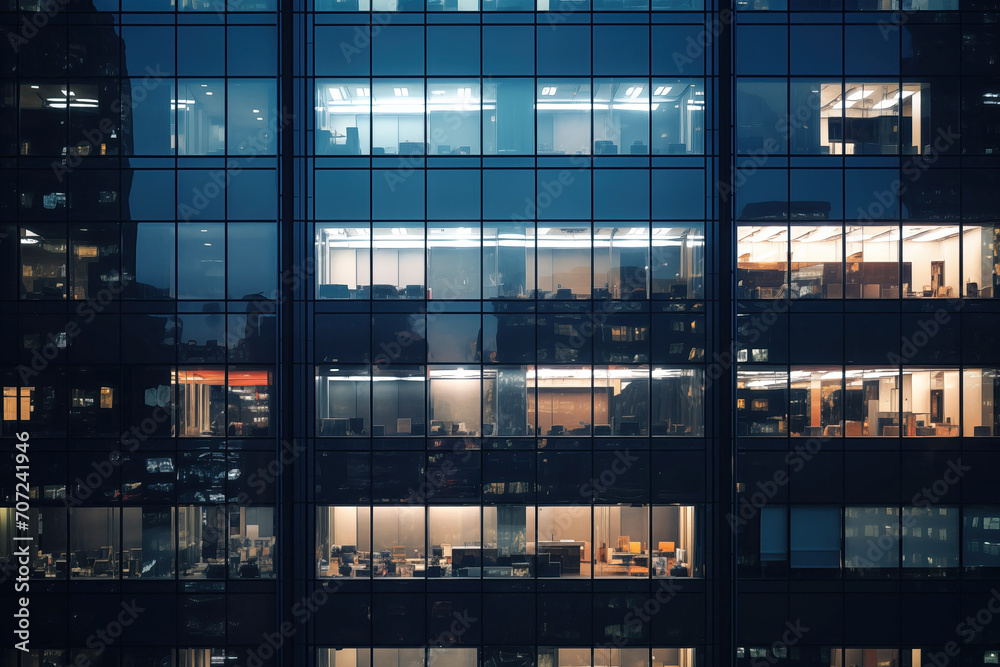 Generative AI Image Showing Close Up Of Office Skyscraper Building At Night With Lights On And People Working Late Generative AI Image Showing Close Up Of Office Skyscraper Building At Night With Lights On And People Working Late