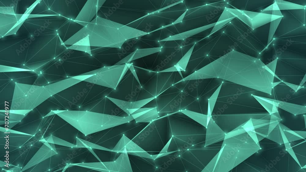 Green polygonal grid Abstract digital connection, moving dots and lines, technological futuristic background 