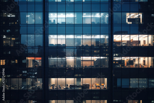 Generative AI Image Showing Close Up Of Office Skyscraper Building At Night With Lights On And People Working Late