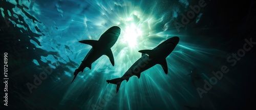 Sharks Swimming In The Ocean Depths, Silhouetted Against A Vibrant Light. Сoncept Surfing On Big Waves, Aerial Drone Photography, Majestic Sunset Landscapes, Adventure Travel Destinations