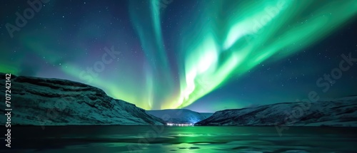 The Stunning Phenomenon Of The Northern Lights Illuminating A Dark Sky. Сoncept The Beauty Of Nature: Mountain Landscapes, Majestic Waterfalls, Vibrant Coral Reefs, Serene Forests, Peaceful Beaches