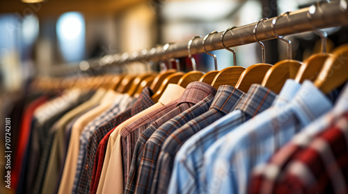 clothes on hangers in blurred store background, Ai generated image