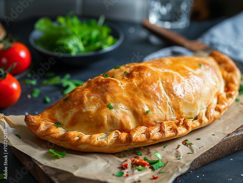 Traditional Cornish pasty filled with beef meat, potato and vegetables on baking paper. Close up on Welsh pasty..