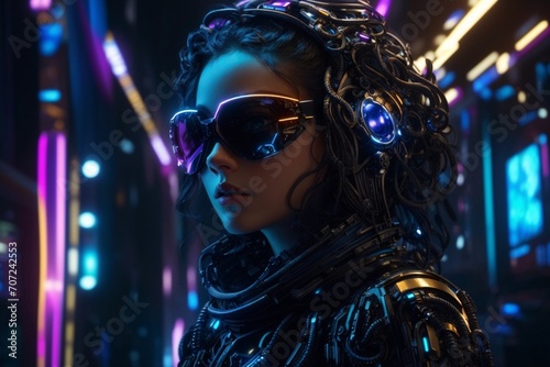 Cyberpunk hacker in a futuristic setting, surrounded by holographic interfaces, intricate code, and virtual reality elements Generative AI © Vision AI Studio