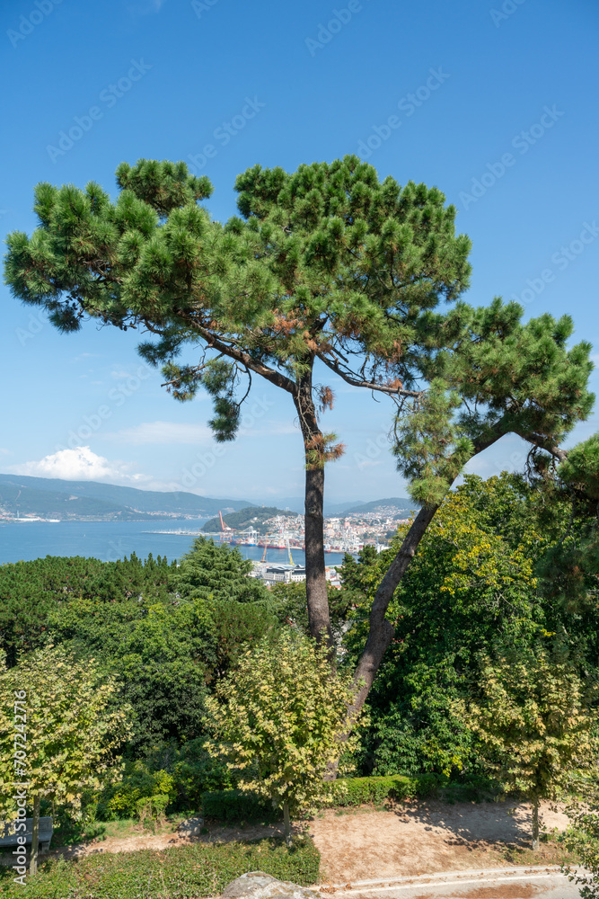 Fototapeta premium View over Vigo harbour and estuary from Parque Monte do Castro in Vigo.