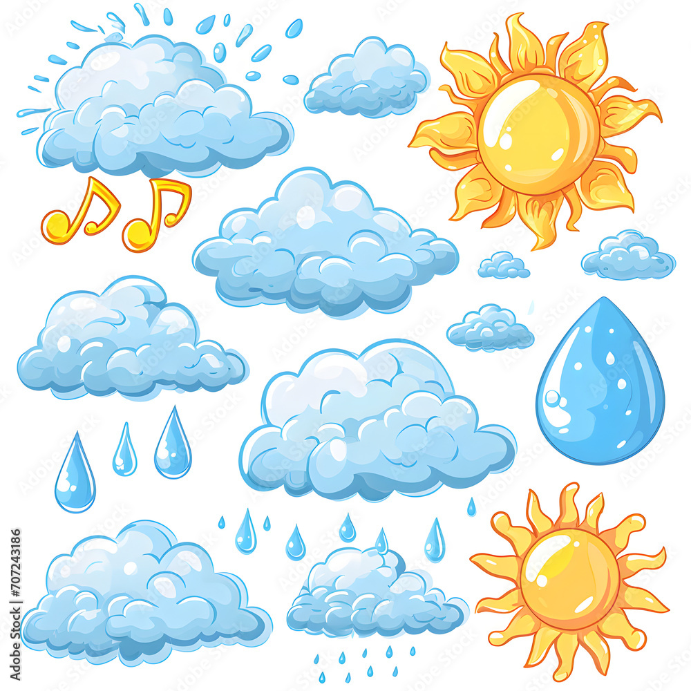 Dynamic weather patterns: sun, clouds, and raindrops isolated on white background, cartoon style, png
