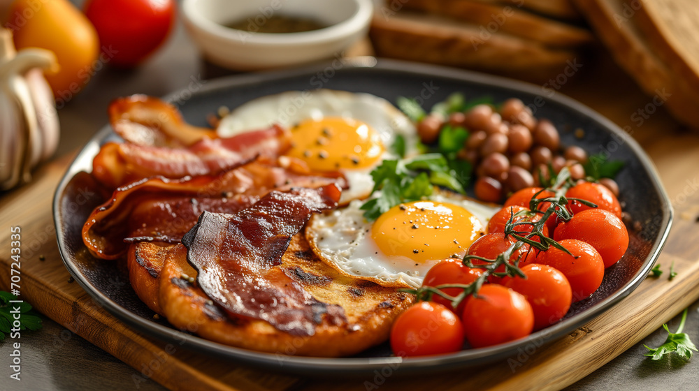 A Full English Breakfast: consisting of bacon, fried egg, mushrooms, baked beans, toast  and grilled tomatoes. Continental breakfast. A fried breakfast or brunch.