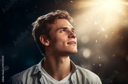 Charming Male character with light background. Handsome guy on illuminated studio stage. Generate ai