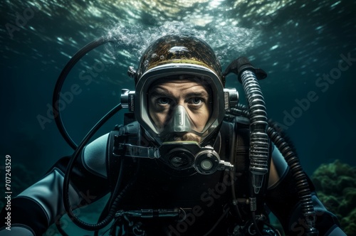 Intrepid Portrait male scuba diver under the water. Exploring underwater world in diving equipment. Generate ai © juliars