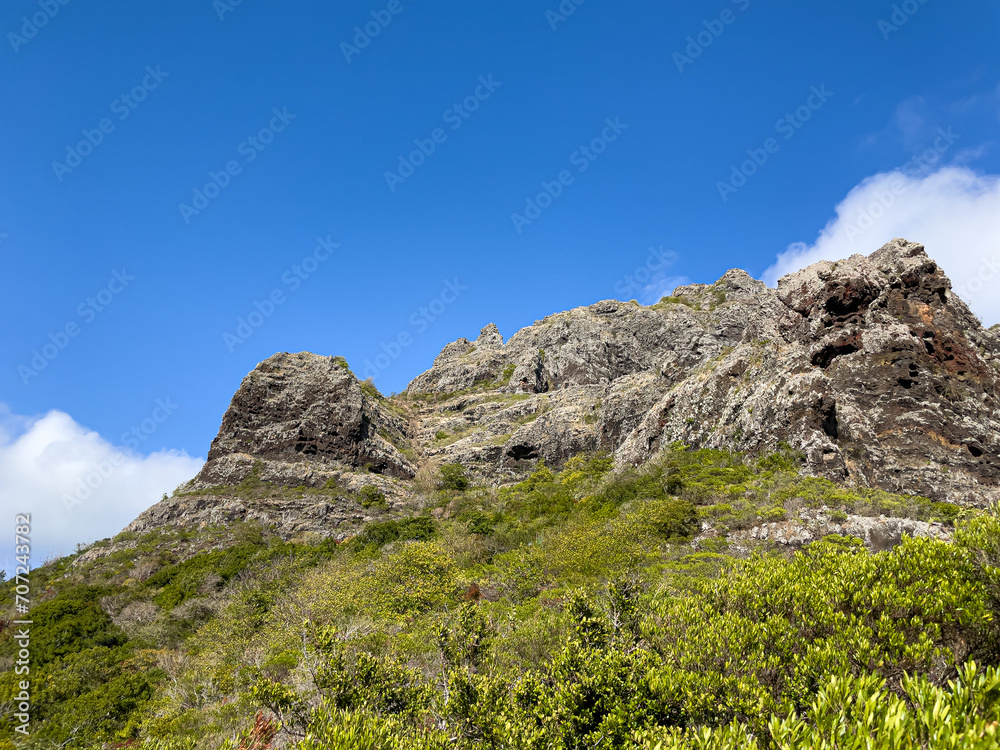 Hiking views of Le Morne Brabant Mountain, UNESCO World Heritage Site basaltic mountain with a summit of 556 metres, Mauritius