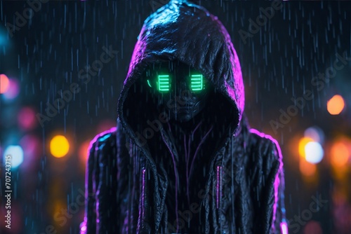 Cyberpunk hacker in a futuristic setting, surrounded by holographic interfaces, intricate code, and virtual reality elements Generative AI