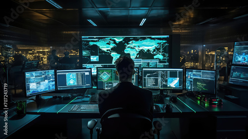 High-tech cybersecurity control room with blue and green hues single operator