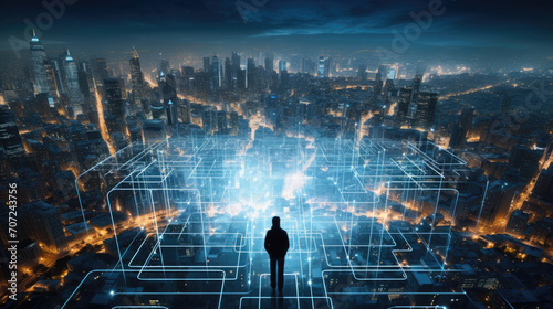 Aerial view of metropolis with digital layers lone figure symbolizing cybersecurity