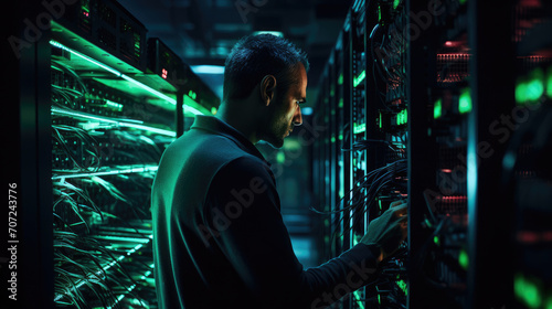 Dark server room cybersecurity expert conducting audit focused atmosphere photo