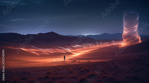Otherworldly digital desert landscape cyber guardian among data streams photo