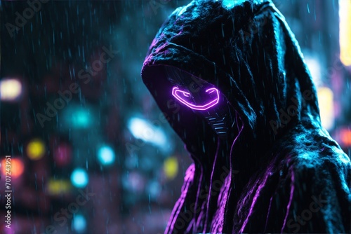 Cyberpunk hacker in a futuristic setting, surrounded by holographic interfaces, intricate code, and virtual reality elements Generative AI