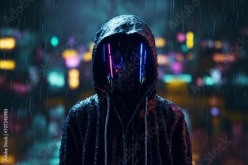 Cyberpunk hacker in a futuristic setting, surrounded by holographic interfaces, intricate code, and virtual reality elements Generative AI