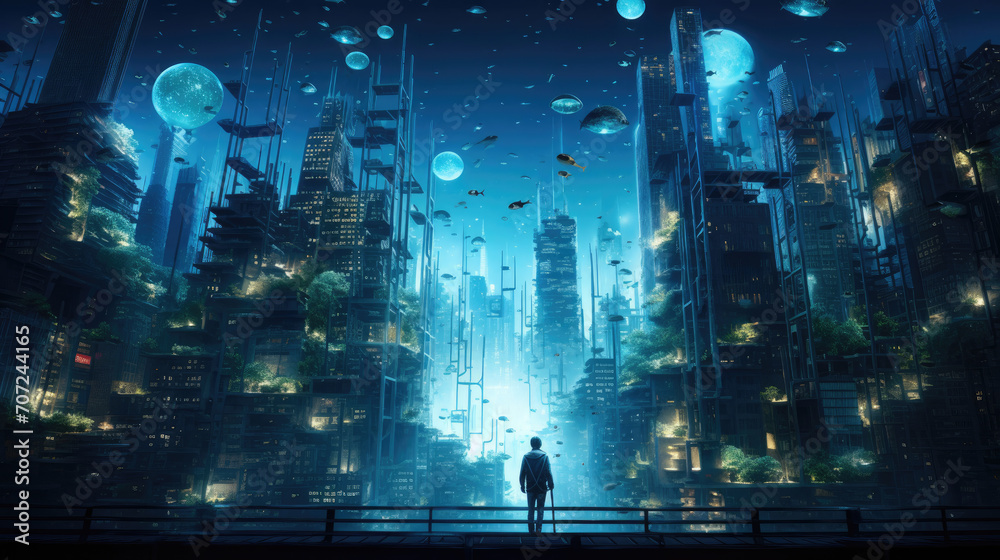 Bioluminescent underwater cyber city lone diver symbolizes digital exploration Bioluminescent underwater cyber city lone diver symbolizes digital exploration