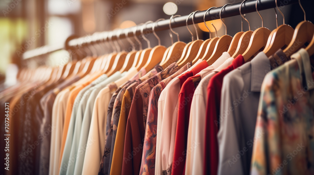 Collection of clothes hanging on rack side view in blurred store background, Ai generated image