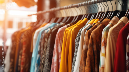 Collection of clothes hanging on rack side view in blurred store background, Ai generated image