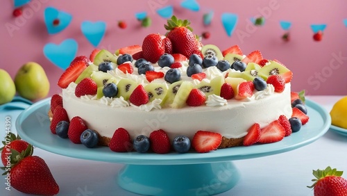 cake with berries  A festive photo of a round cake with whipped cream and fresh fruit on top. The cake is white 
