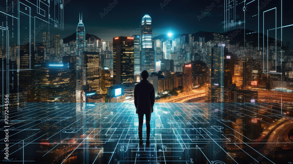 Futuristic glowing code city lone cyber guardian patrols digital streets Futuristic glowing code city lone cyber guardian patrols digital streets