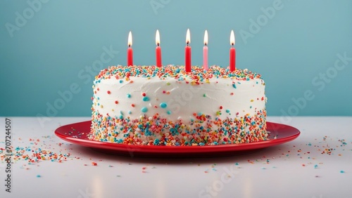 birthday cake with candles A birthday cake with white frosting and colorful sprinkles on a red plate. 