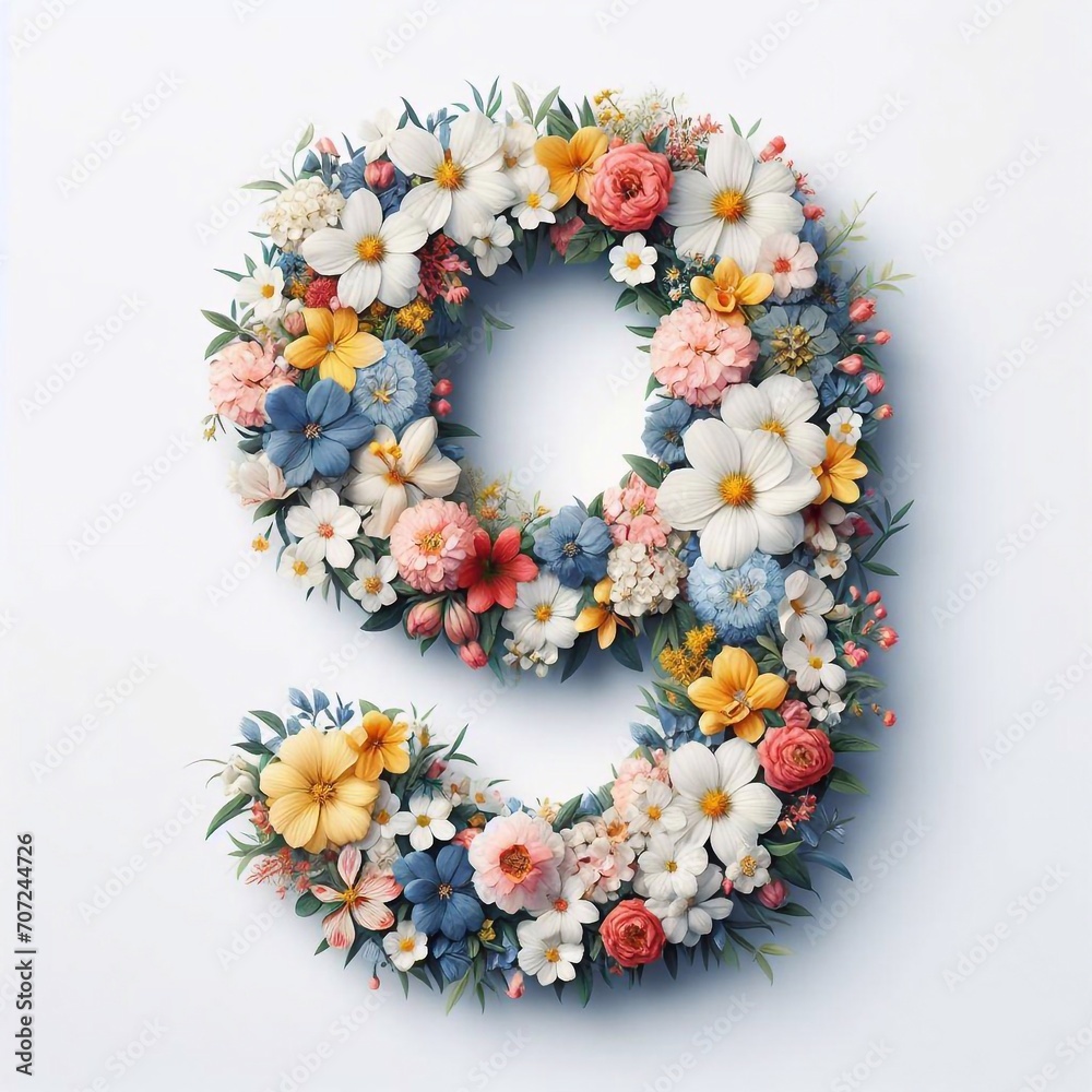 Flowers digit 9. AI generated illustration Flowers digit 9. AI generated illustration