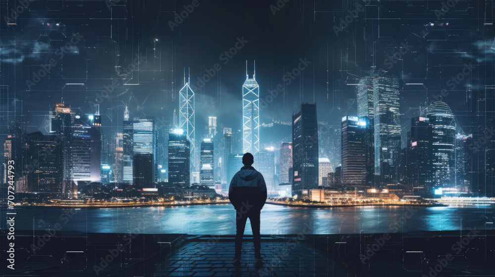 Futuristic city with cyber warrior defending against digital threats - obrazy, fototapety, plakaty 