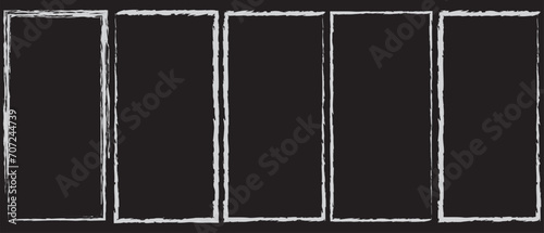 Grunge square and rectangle frame, stories and social network media. Template with brush stroke. Rectangular border with grunge overlay. Set of vector illustrations isolated on black background.