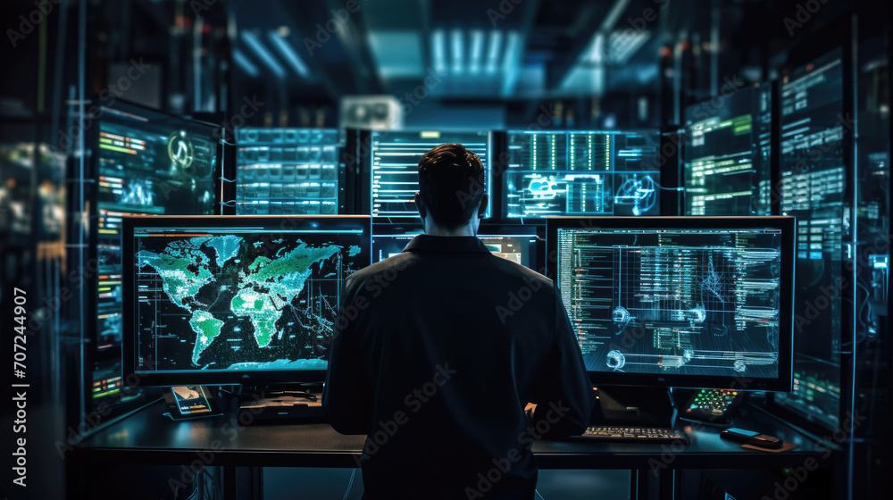 Server room technician conducting security audit highlighting IT infrastructure Server room technician conducting security audit highlighting IT infrastructure
