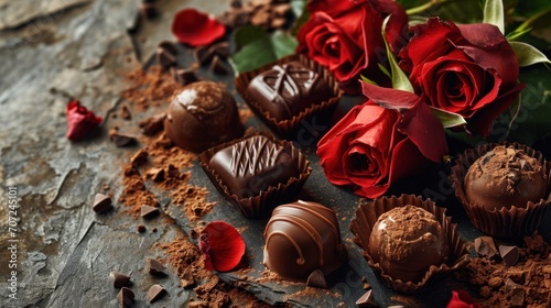 Indulge in the classic combination of chocolates and roses beautifully arranged on a textured background.