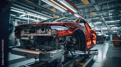 Luxury car plant with robots and craftsmen monitors on production and cybersecurity