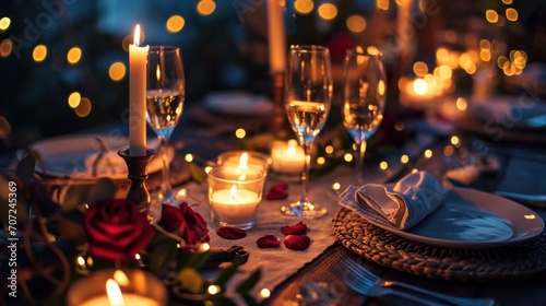 Set the mood with a beautifully arranged candlelit dinner scene featuring an elegant table setting.