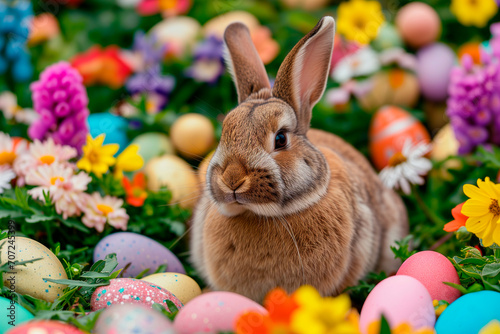 Brown Easter bunny sitting between many colorful Easter eggs and flowers