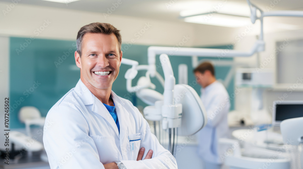 Cheerful dentist in clinic assuring a comfortable and professional dental experience Cheerful dentist in clinic assuring a comfortable and professional dental experience