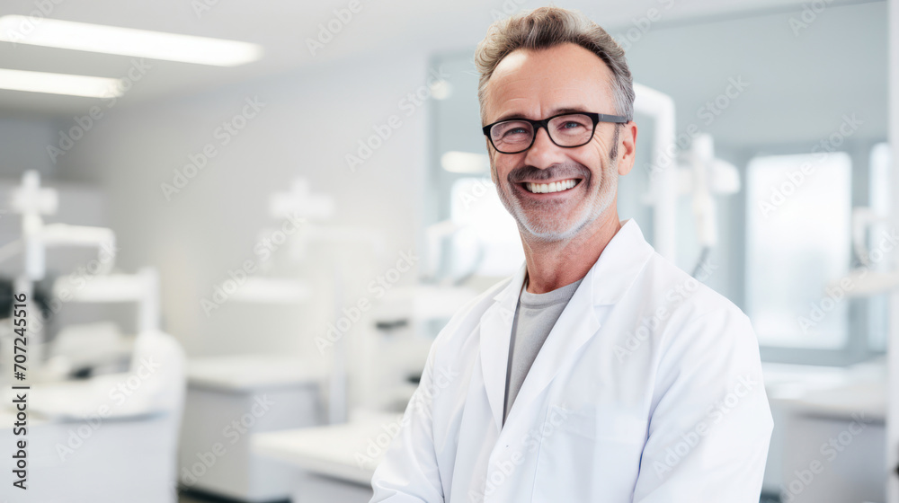 Happy dentist in clinical setting symbolizing professional and caring dental service