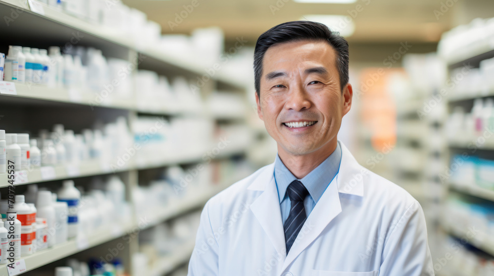 Cheerful pharmacist portrait reflecting genuine care in pharmaceutical services