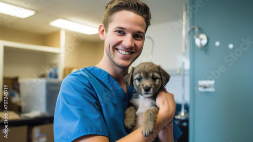 Happy vet tech cradling puppy embodying care in veterinary services