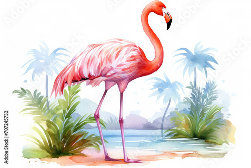Pink animal tropic bird beauty wild beach nature wildlife watercolor exotic flamingo summer photo